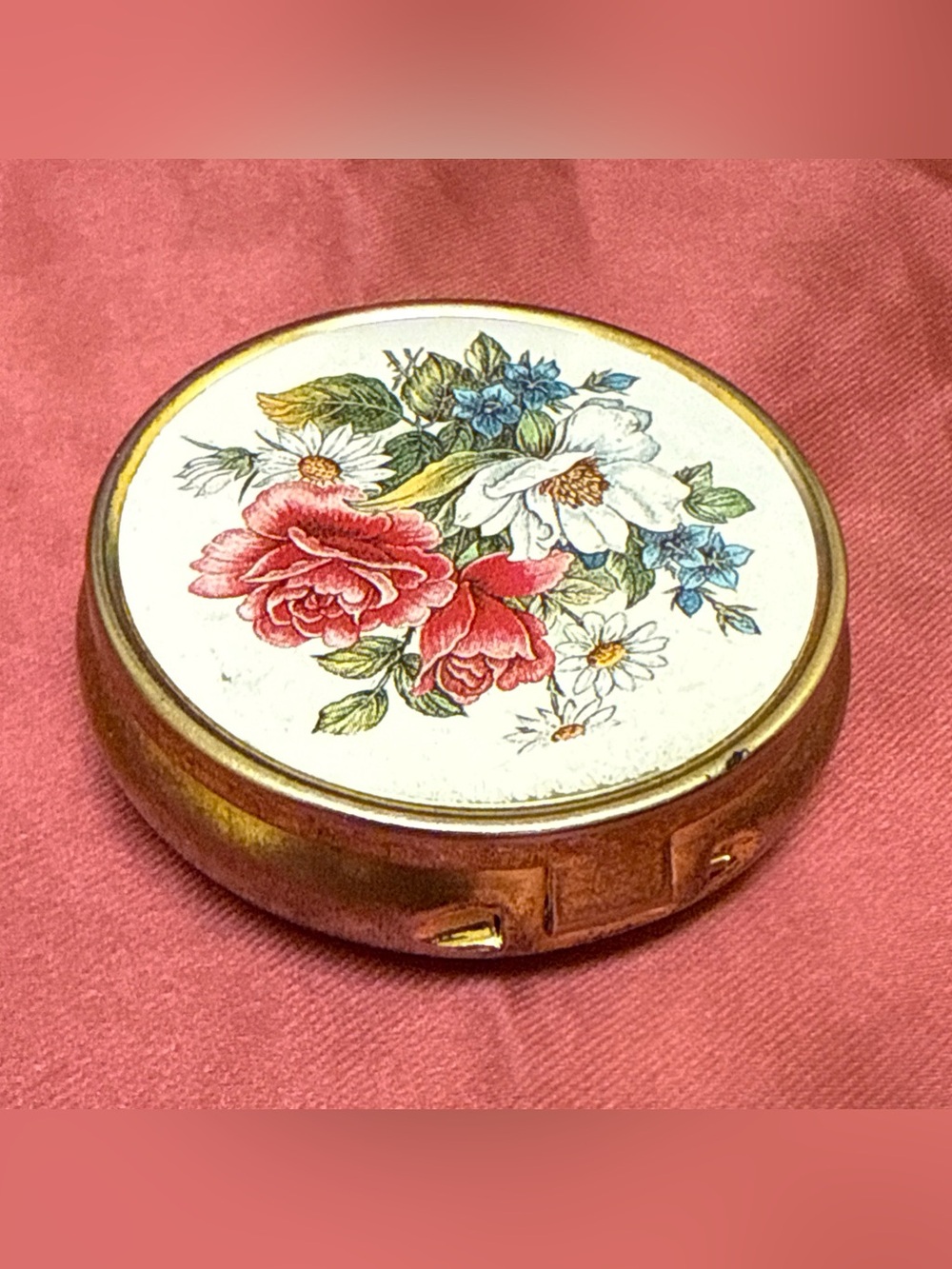 Vintage Pill Box Plastic Insert Gold Tone 2” Enamel Floral Top Snap Close